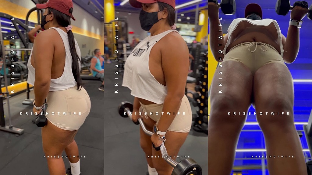 hotwife kriss kriss hotwife training in a loose fitting blouse without a bra at a public gym